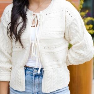 Simple Life White Front Tie Cardigan